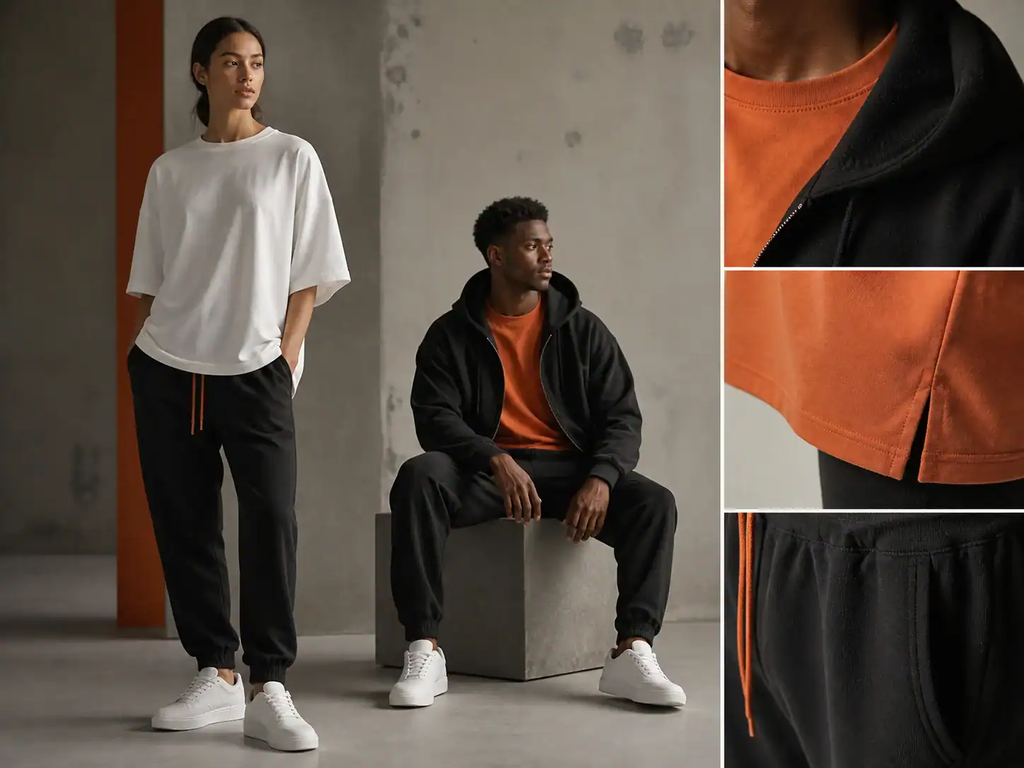 Colección de ropa deportiva de transición entre deporte y calle, con una camiseta oversize, joggers, una sudadera con capucha y zapatillas