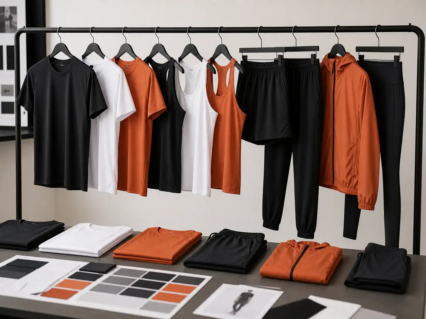 Muestras de ropa y muestras de telas en una fábrica de ropa personalizada.