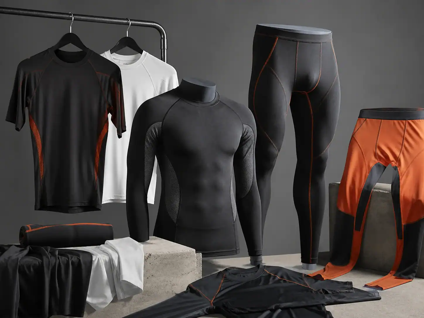 Camisetas de compresión sin marca, mallas y capas base con detalles visibles de paneles elásticos