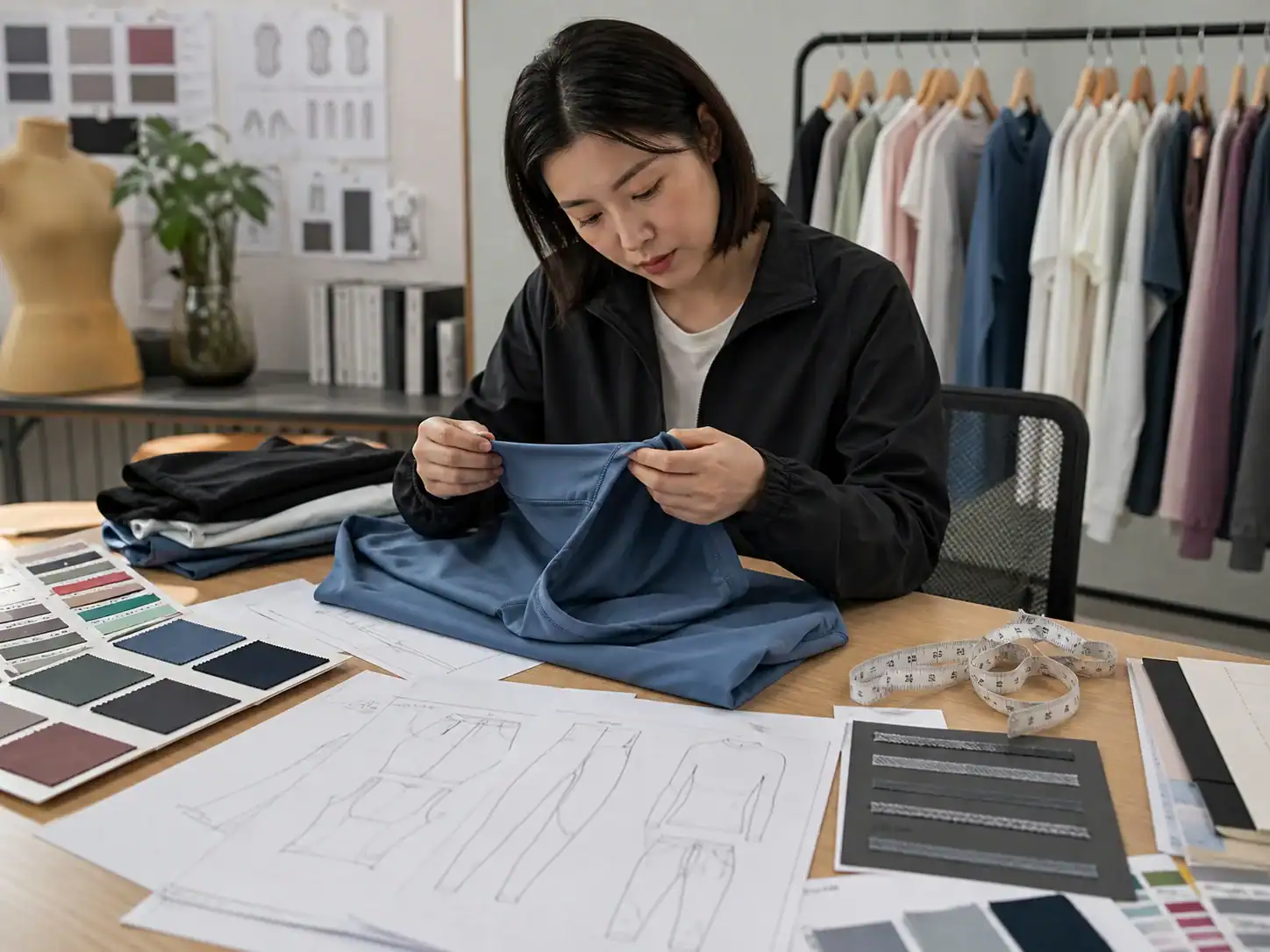 Diseñador de moda examinando telas y bocetos en el estudio.