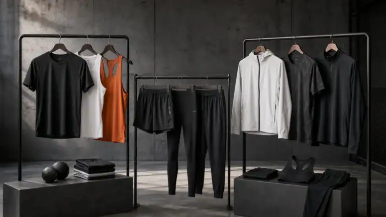 Clothing display with custom activewear and design team focus.