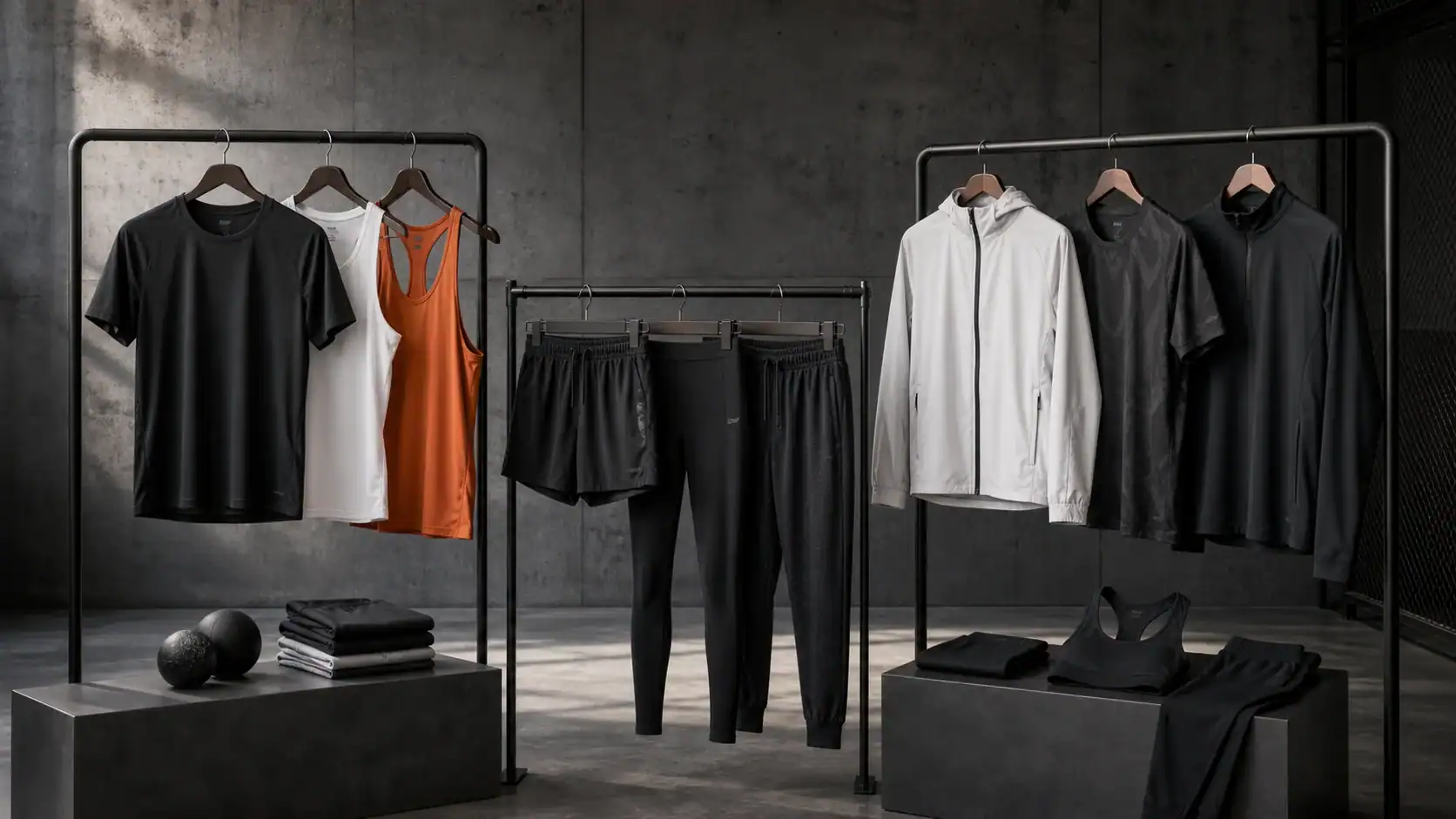 Clothing display with custom activewear and design team focus.