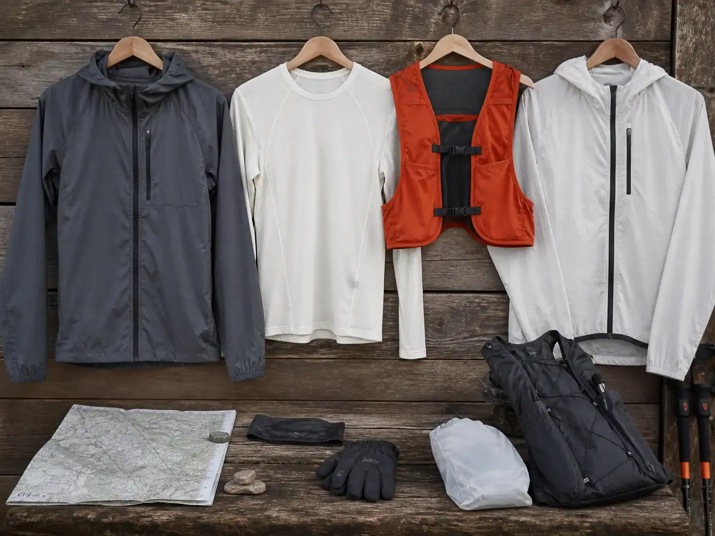 Capas de ropa deportiva para exteriores incluyendo cortavientos, capa base térmica y chaqueta plegable