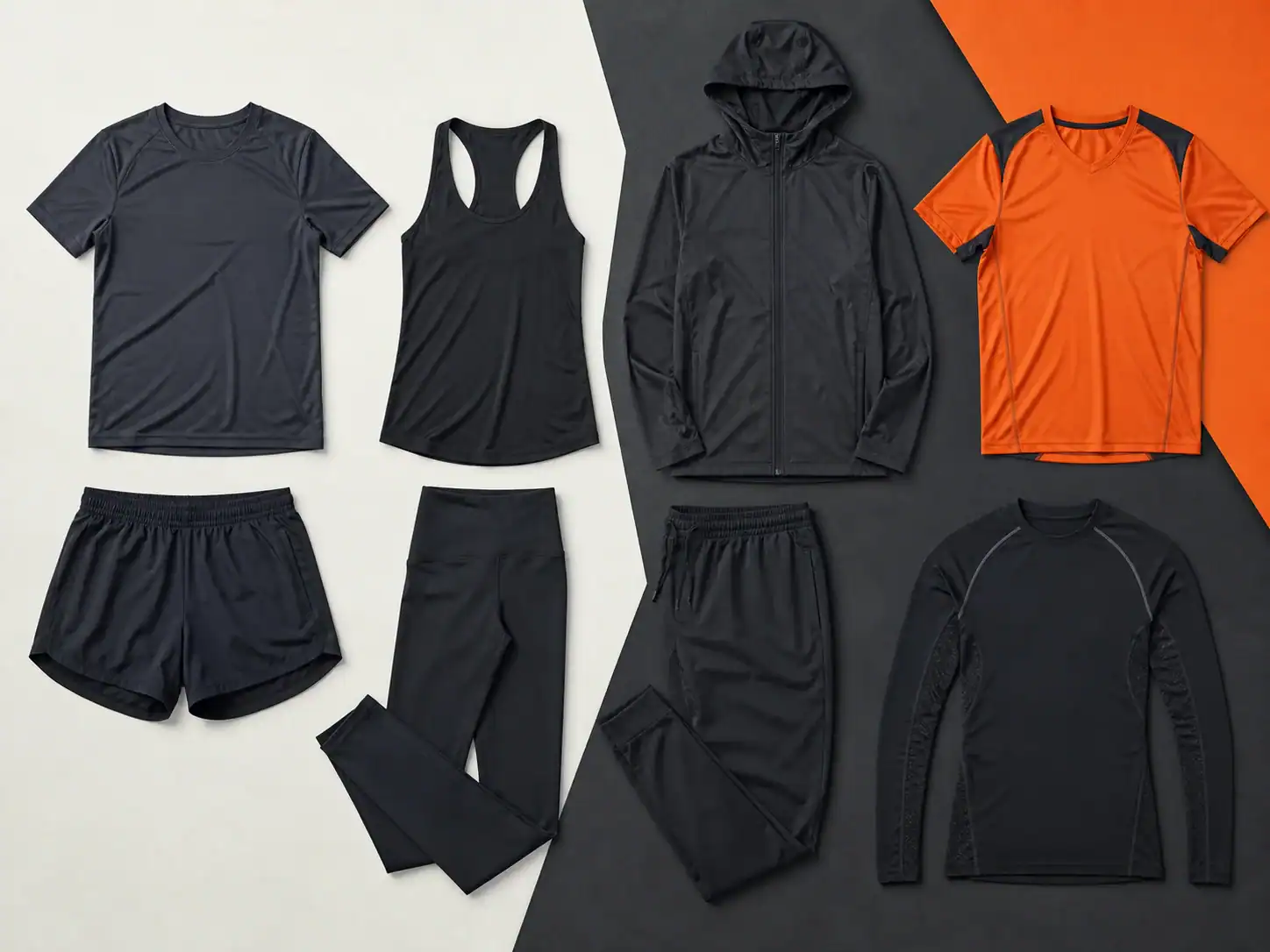 Vista plana de tipos de ropa deportiva, con camisetas, tops sin mangas, pantalones cortos, leggings, joggers y capas