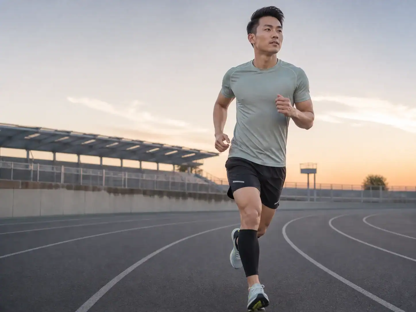 Corredor usando capas ligeras de running sin marca en una pista urbana