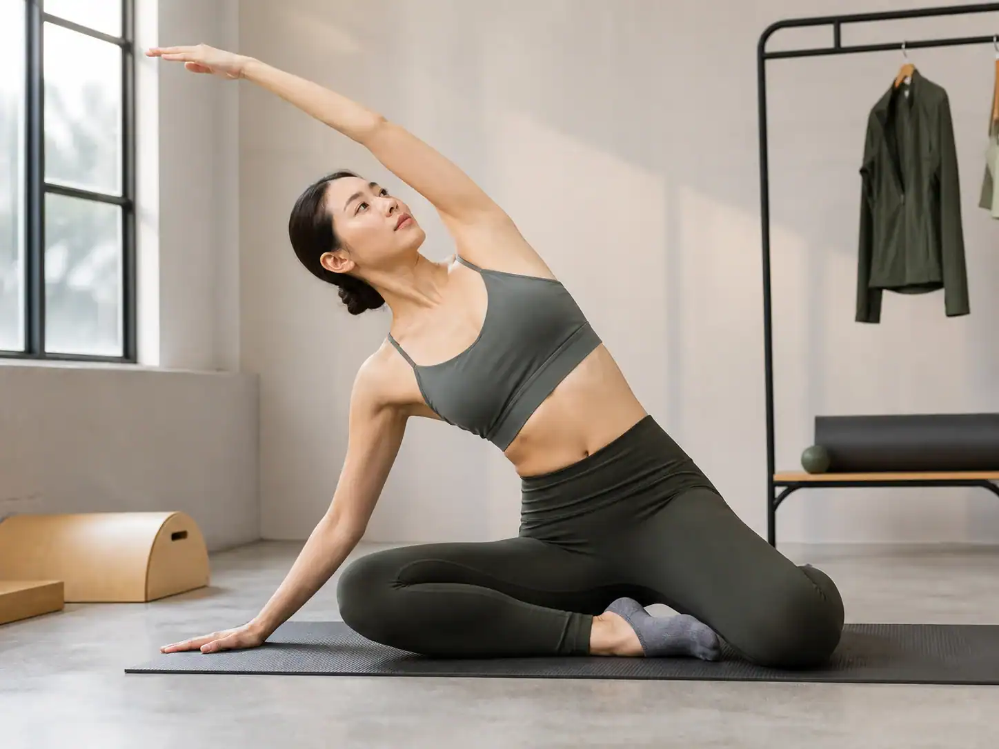 Atleta asiático usando ropa activa sin marca de yoga y Pilates en un estudio de estiramiento
