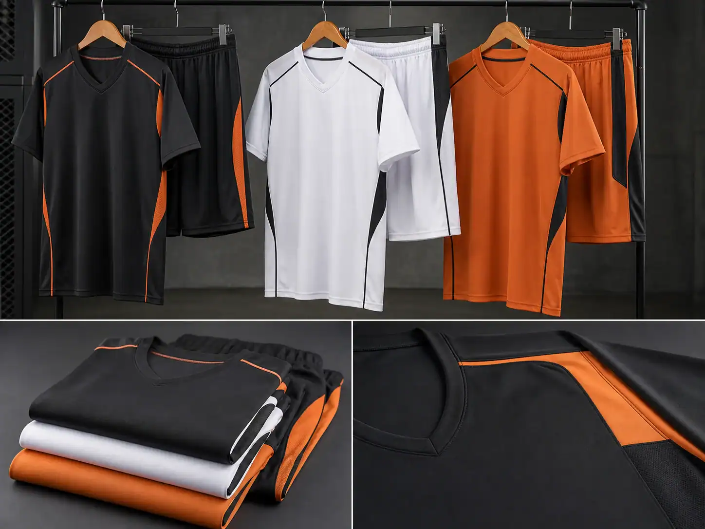 Camisetas y pantalones cortos coordinados sin marca en una percha para desarrollo de productos