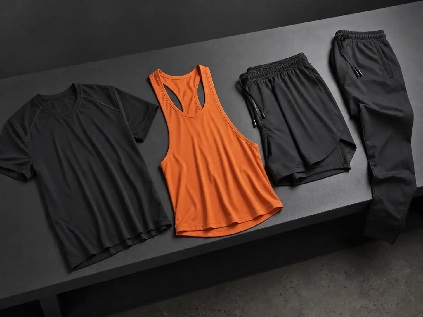 Grupo de productos de ropa deportiva para entrenamiento, con una camiseta, un top sin mangas, pantalones cortos y joggers