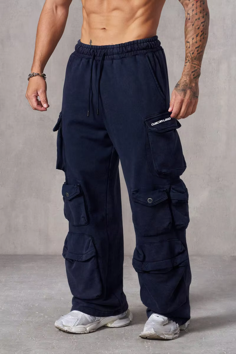 Custom Men's Washed Baggy Cargo Pants Wholesale Winter Men's Oversize Work Training Gym Sports Stacked Sweat Pants & Trousers