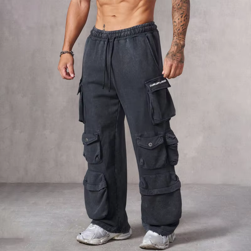 Custom Men's Washed Baggy Cargo Pants Wholesale Winter Men's Oversize Work Training Gym Sports Stacked Sweat Pants & Trousers