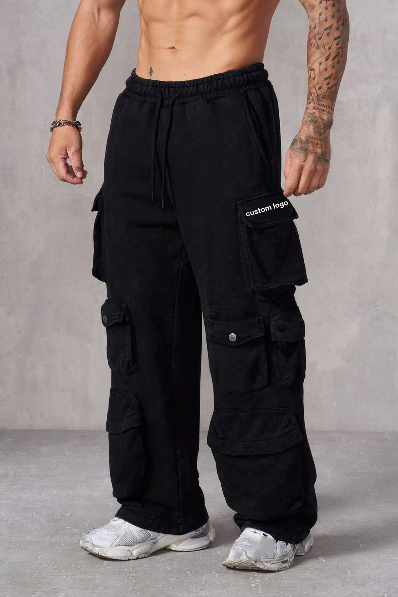 Custom Men's Washed Baggy Cargo Pants Wholesale Winter Men's Oversize Work Training Gym Sports Stacked Sweat Pants & Trousers