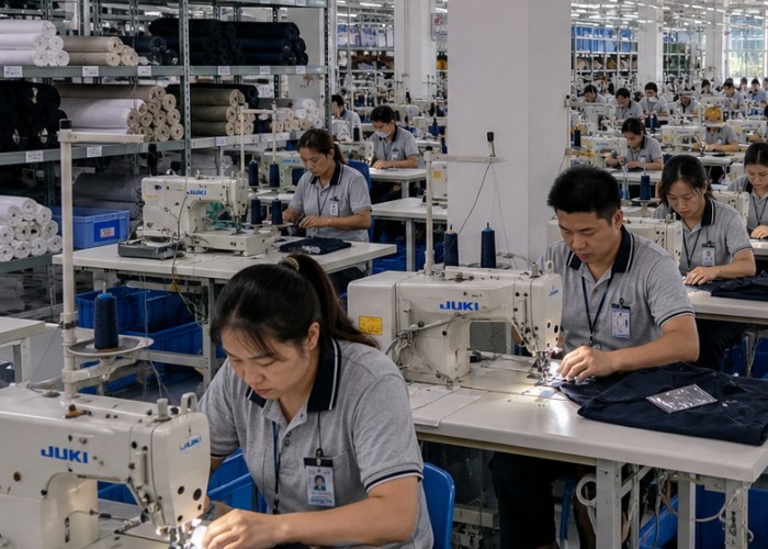 Garment sewing production at the apparel facility