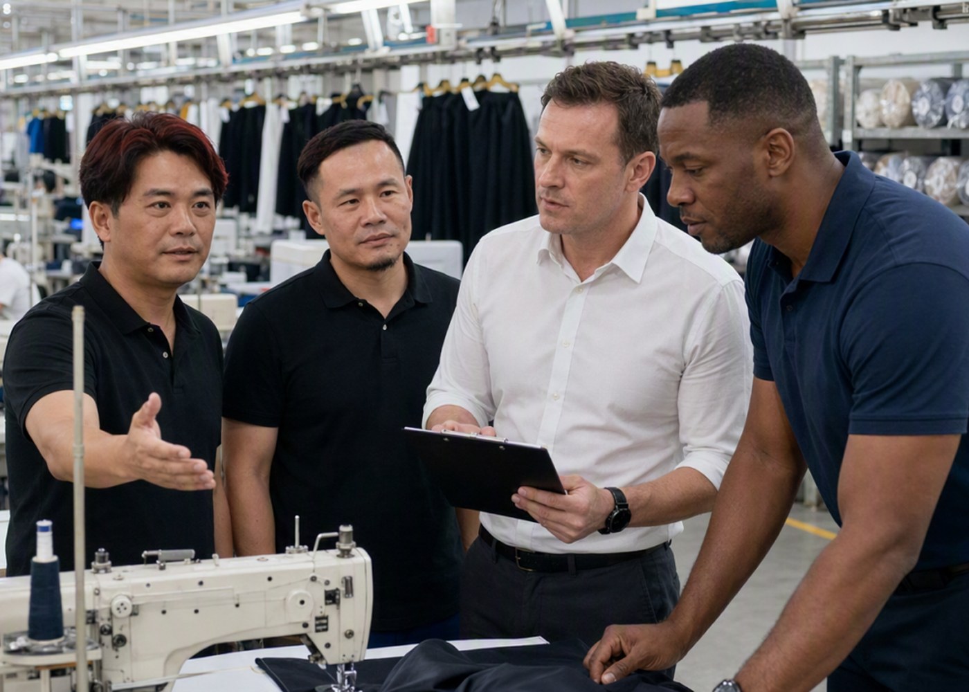 Apparel production line review with visiting customers