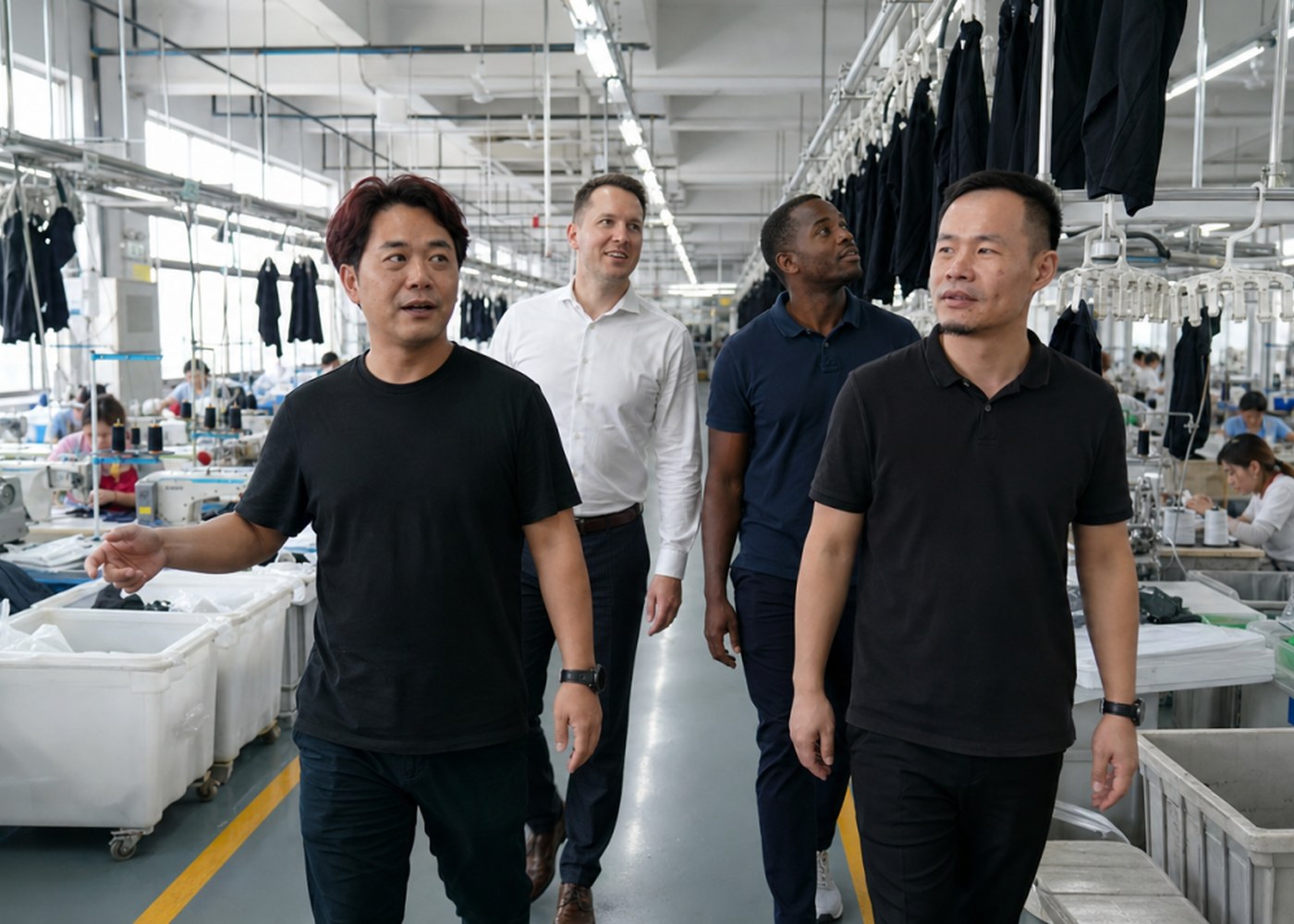 Apparel production line review with visiting customers