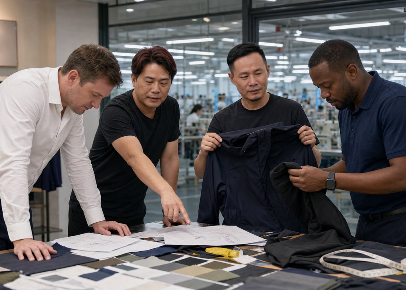 Apparel production line review with visiting customers