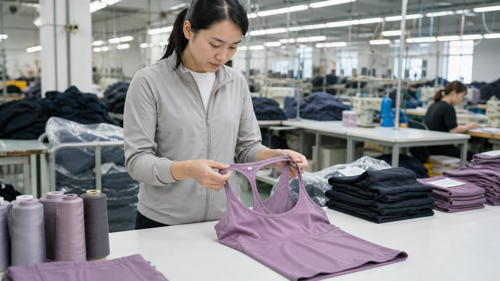 Production coordinator handing an approved fitness garment sample to a sewing and finishing line