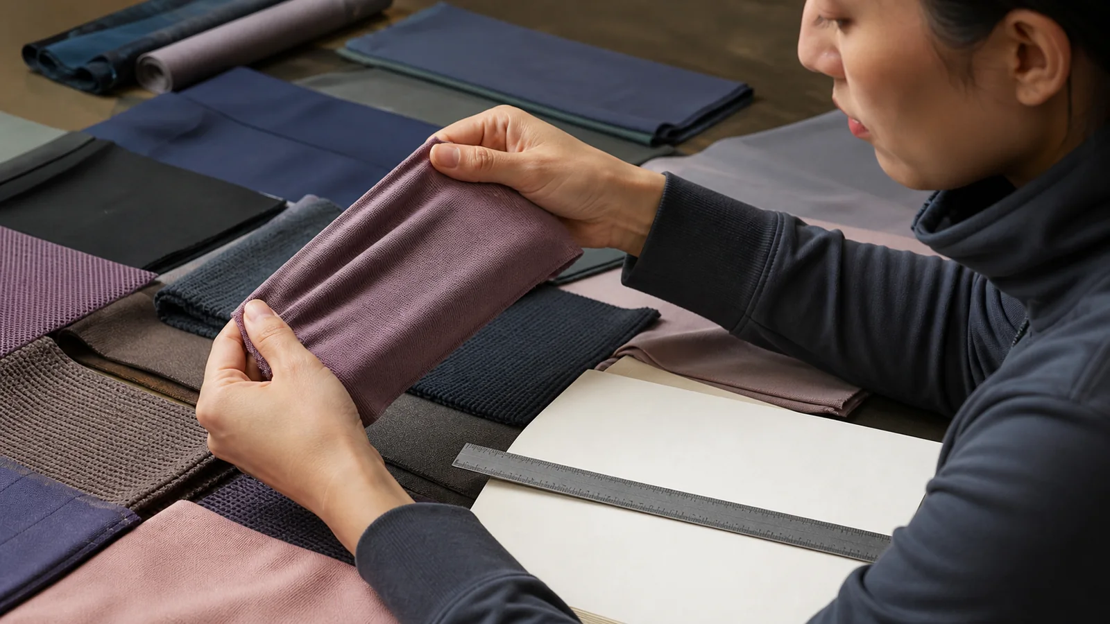 Fitness wear fabric selection with stretch, mesh, jersey, rib and brushed textile swatches