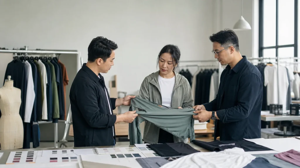 Asian apparel buyers reviewing a fitness clothing manufacturer sample in a product development studio