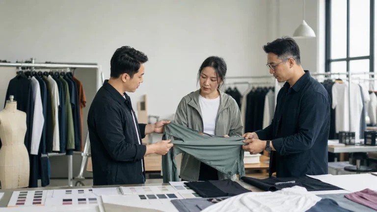 Asian apparel buyers reviewing a fitness clothing manufacturer sample in a product development studio