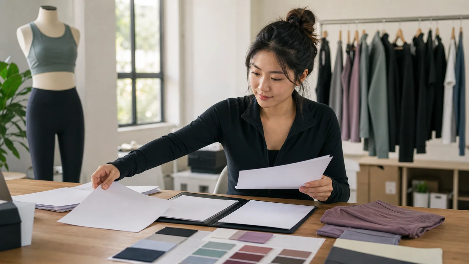 Fitness clothing buyer assembling a product brief, tech pack, quantity plan and fabric swatches for an RFQ