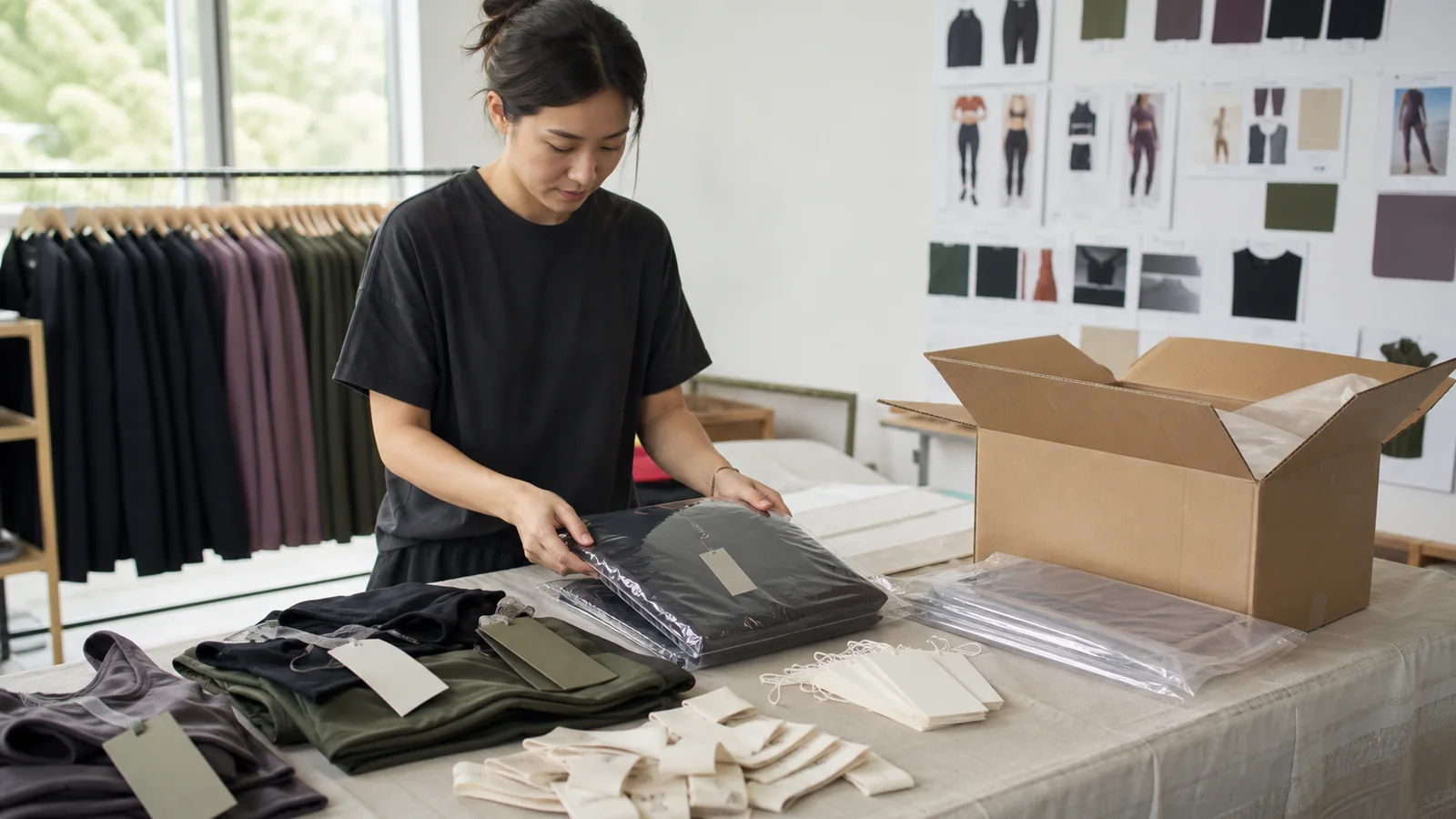 Fitness wear labels, hangtags, polybags and cartons arranged for a packaging approval check