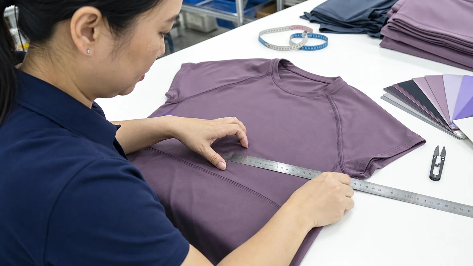 Fitness clothing quality technician checking garment measurements, seams and shade references