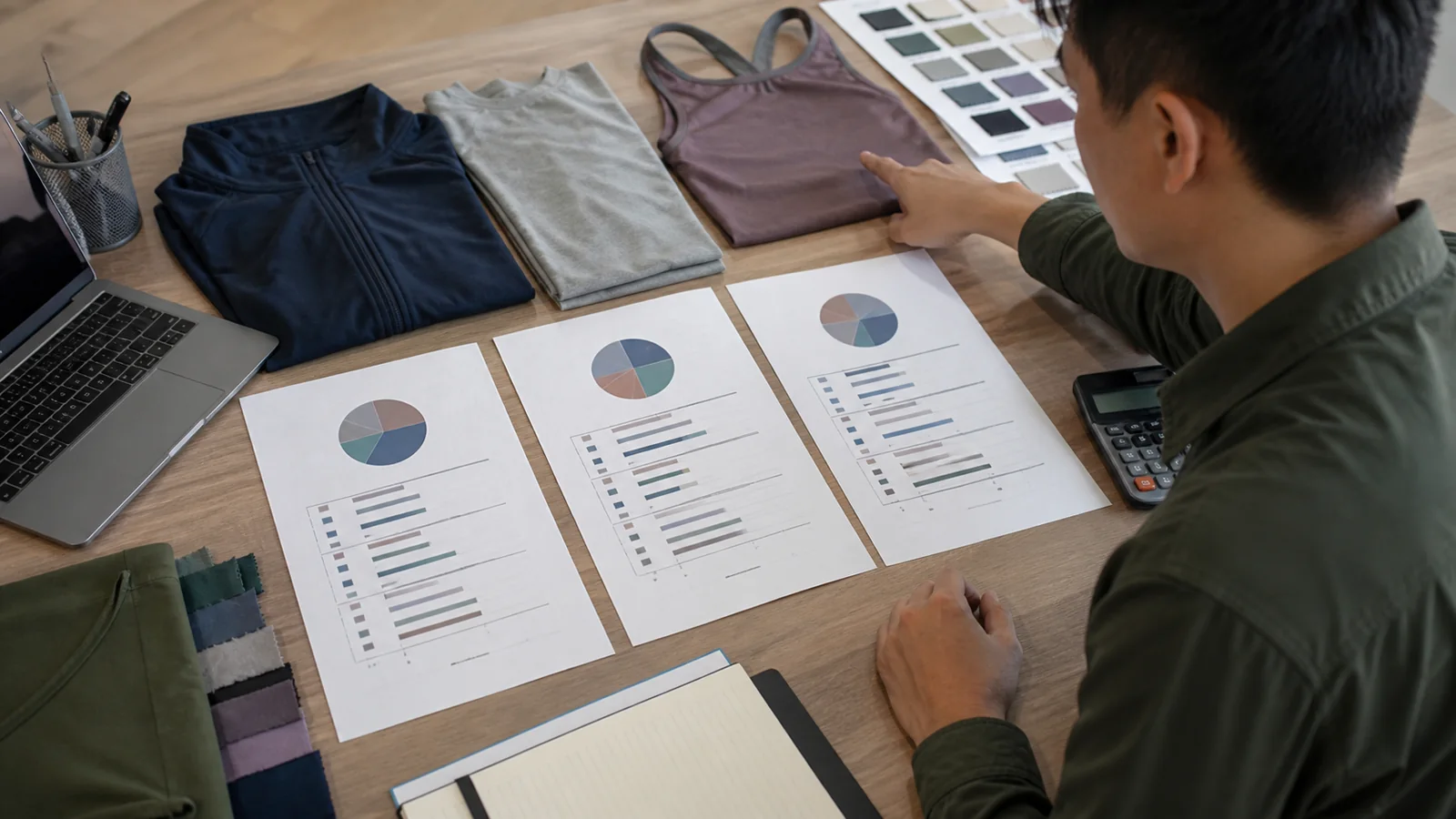 Buyer comparing three fitness apparel supplier quotations with samples, swatches and cost notes