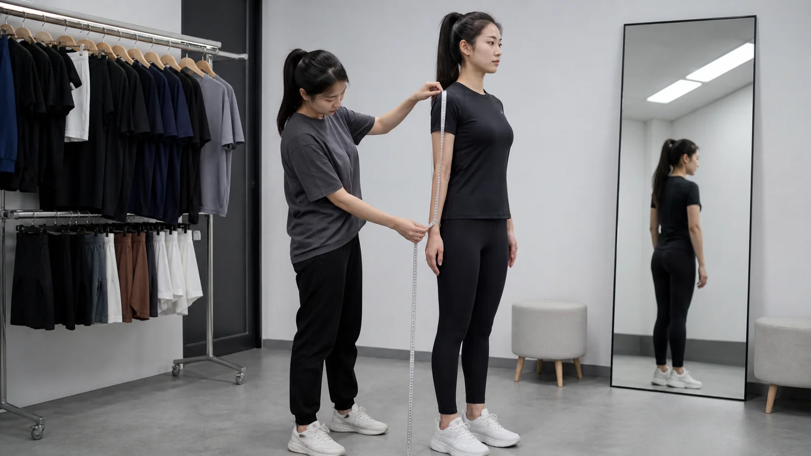 Fitness clothing sample fitting with measurement checking in a neutral apparel studio
