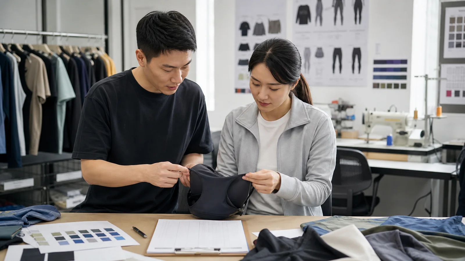 Sourcing team verifying a fitness clothing manufacturer's sample room, capability records and production questions