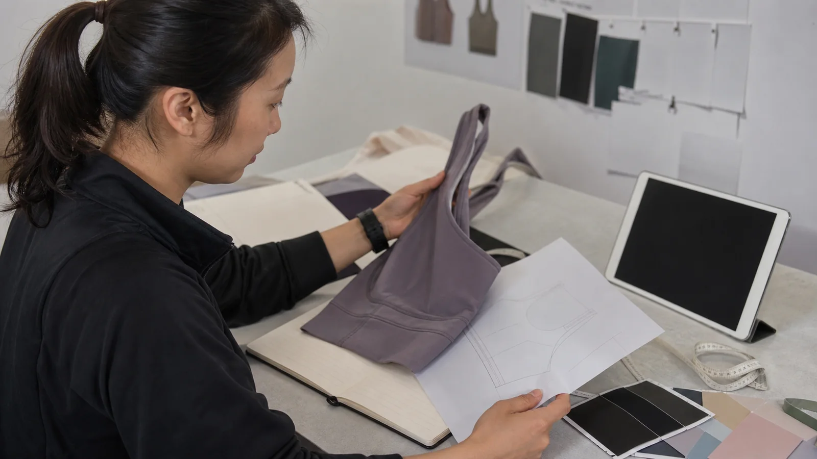 Fitness clothing tech pack review with a sports top sample, measurement drawing and color swatches