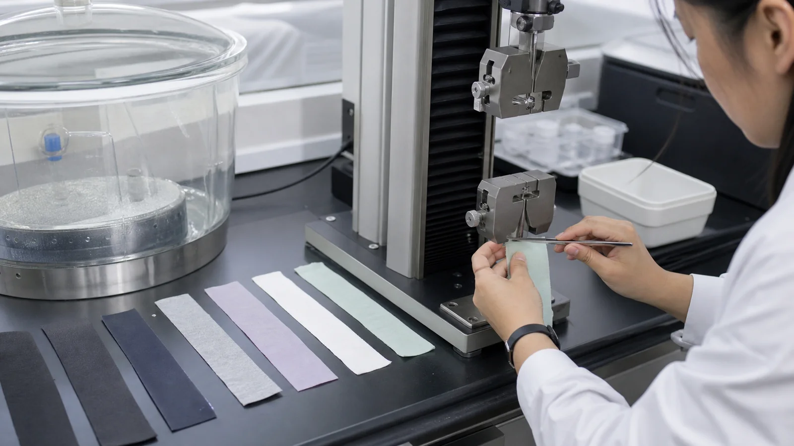 Fitness clothing quality technician preparing fabric, stretch and moisture checks at a testing bench