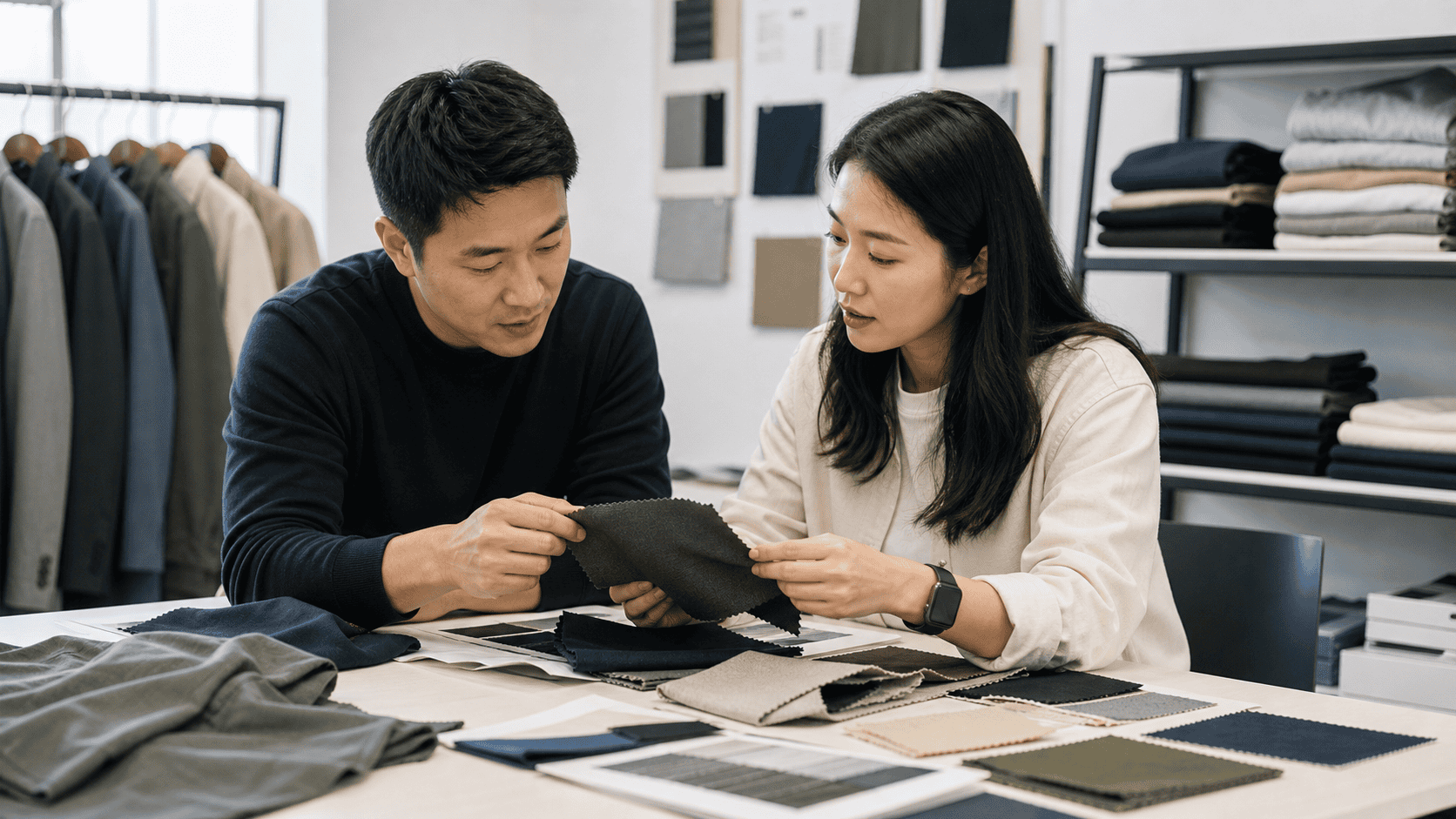 Design team discussing fabric samples for custom clothing manufacturing.