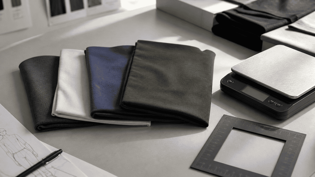 Assorted fabric swatches in various colors on a workspace.