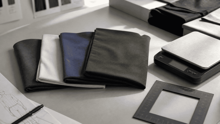 Assorted fabric swatches in various colors on a workspace.