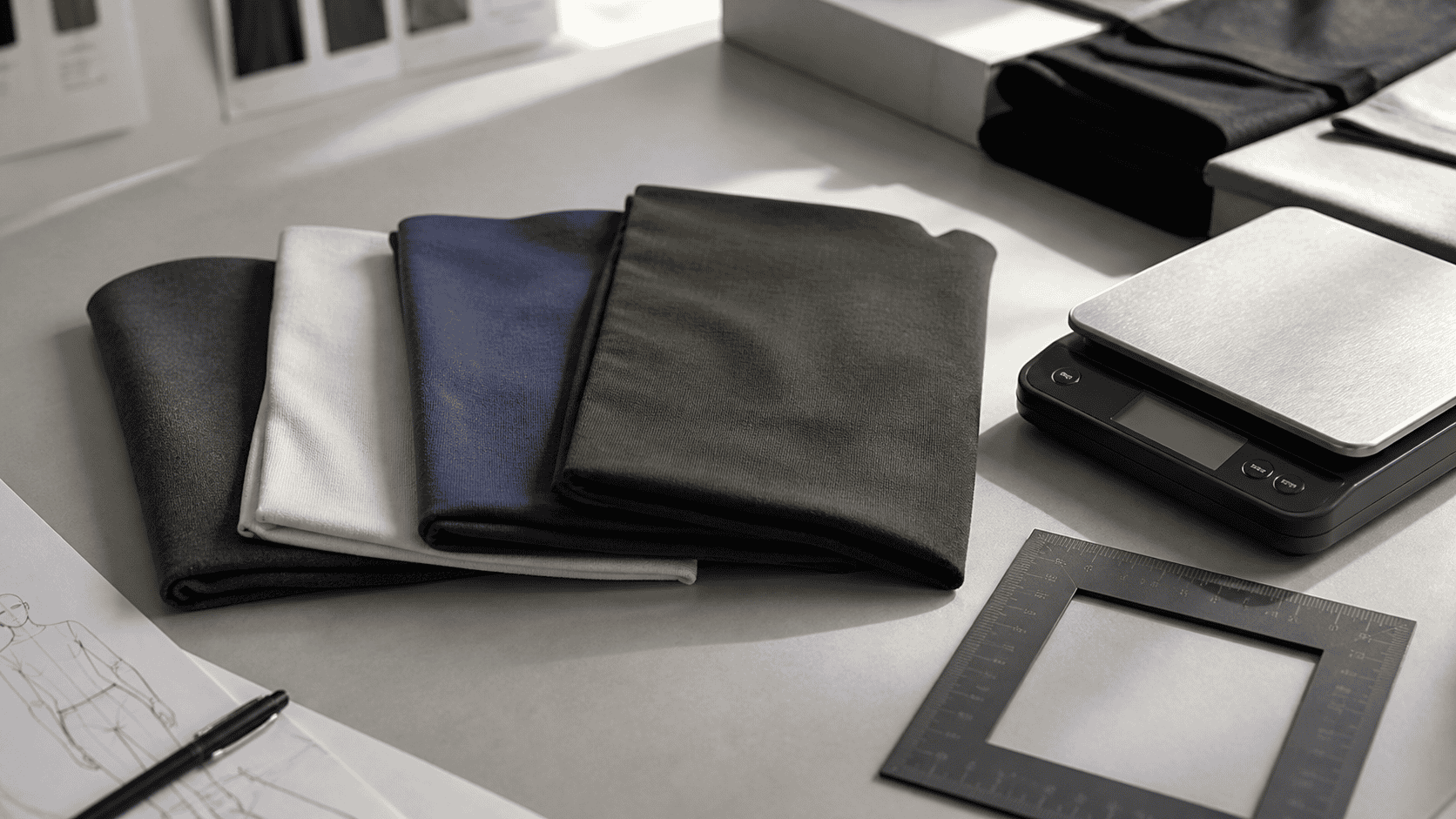 Assorted fabric swatches in various colors on a workspace.