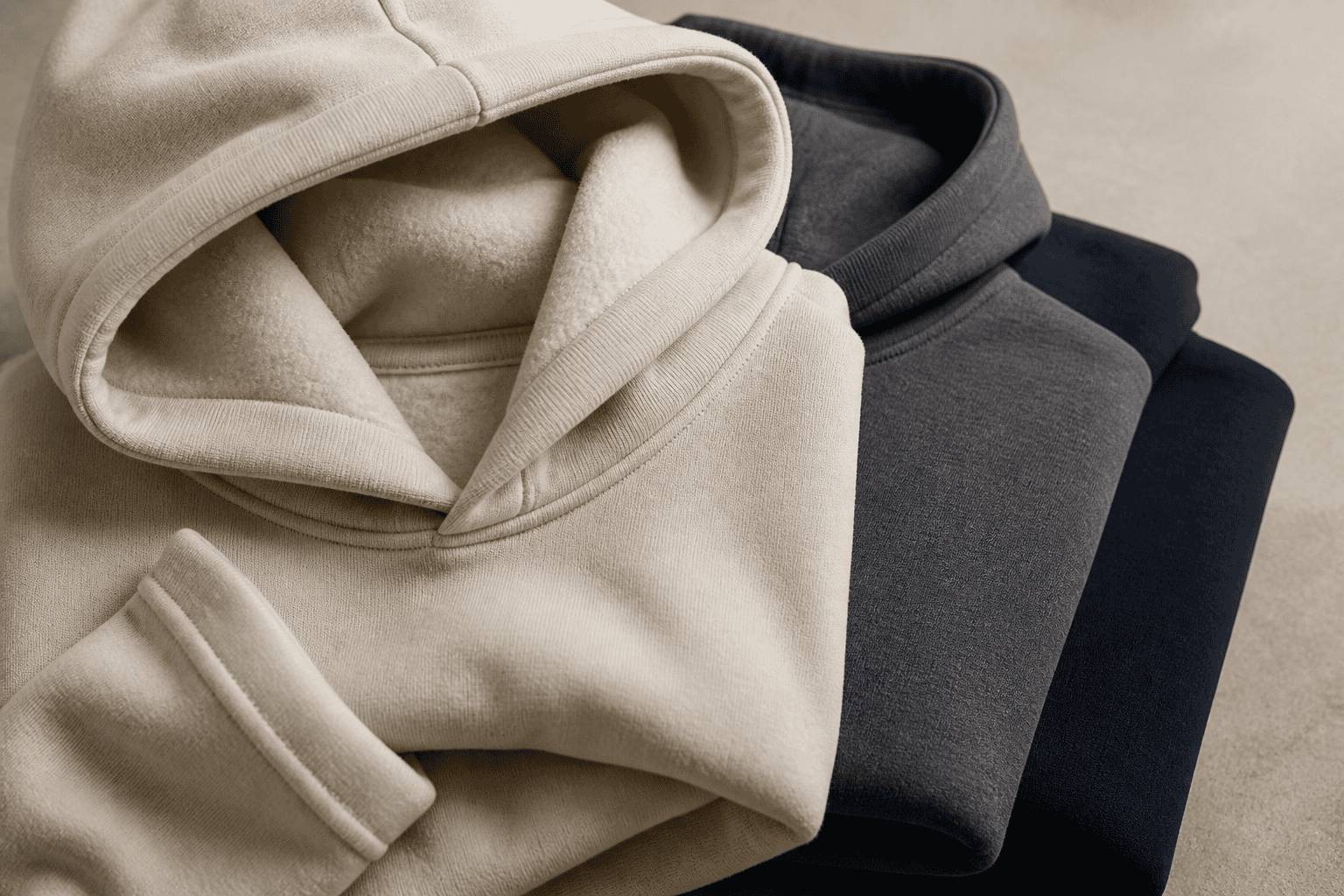 Structured hoodie fabric with a visible fleece interior and rib trim