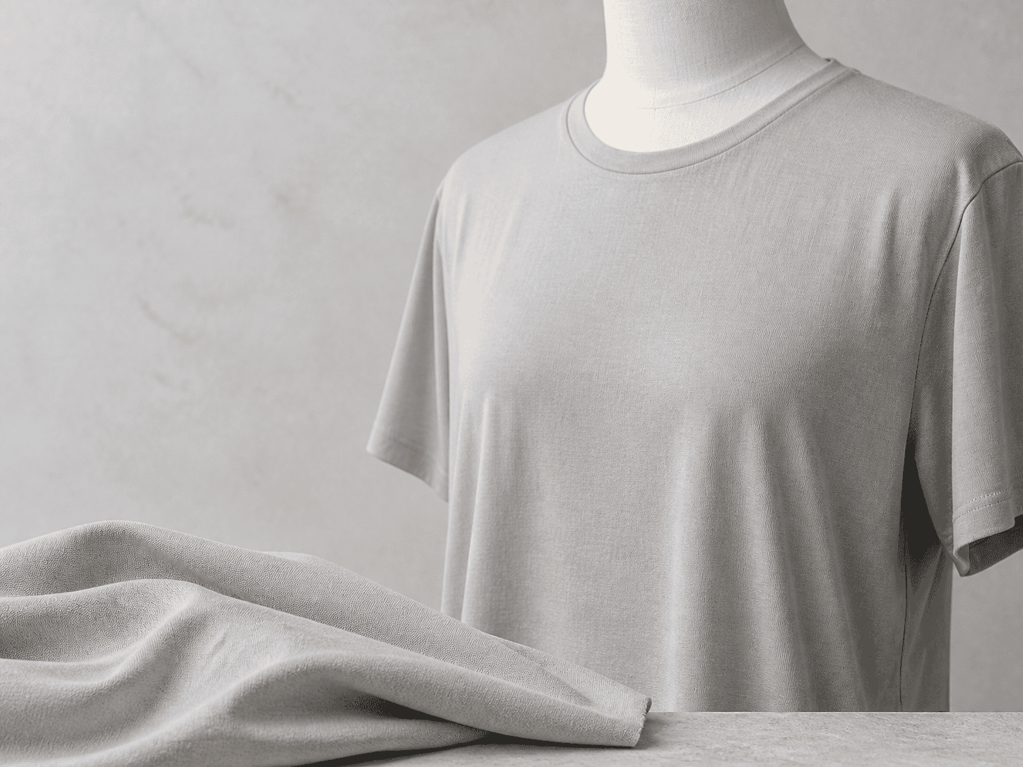 Plain grey T-shirt on mannequin for custom clothing manufacturing.