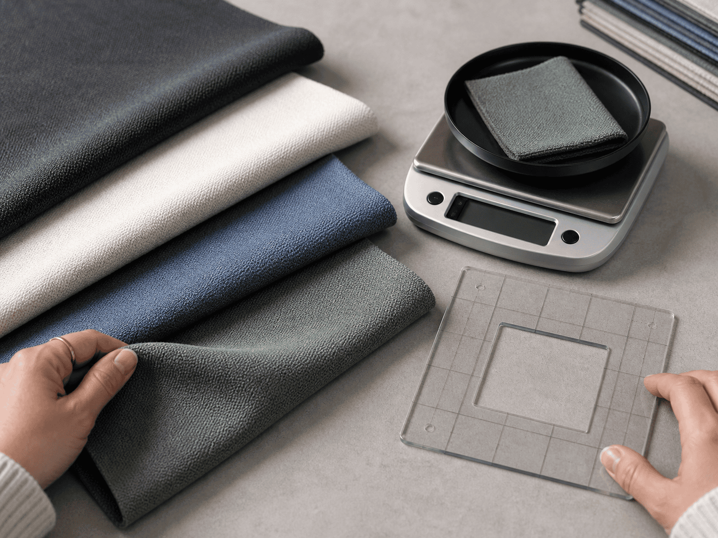 Knit fabric swatches beside a digital scale and square template for measuring fabric mass