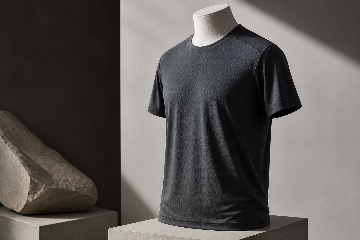 Plain premium performance T-shirt on a neutral studio form with fabric texture visible