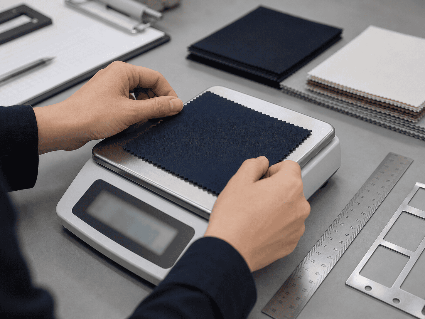 Person testing fabric swatch on digital scale for custom clothing.