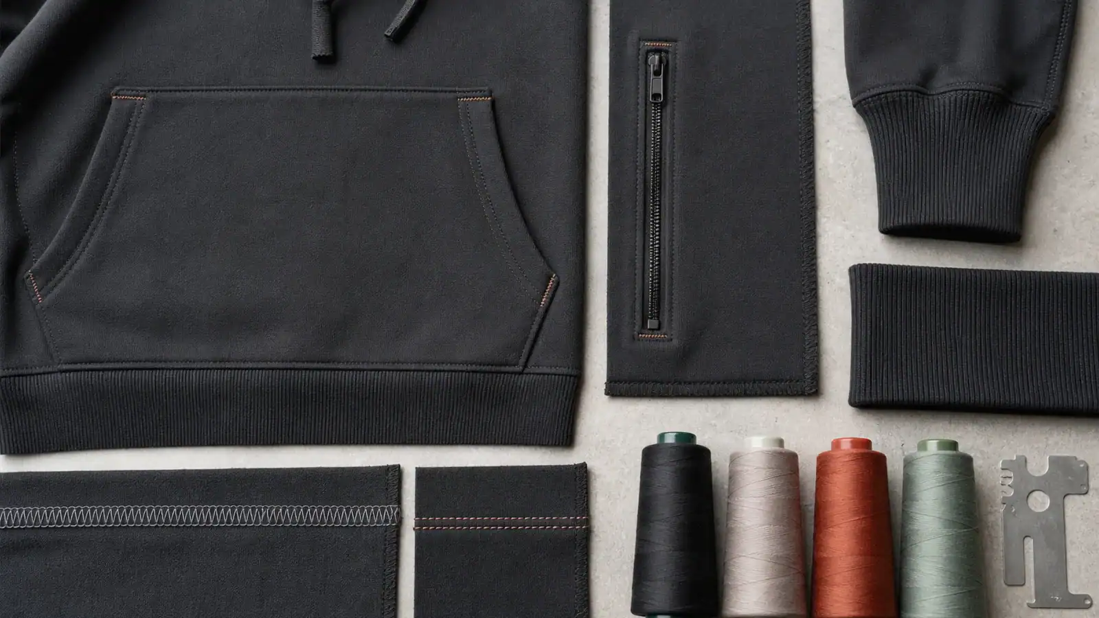 Hoodie pocket, cuff, hem rib and seam construction details