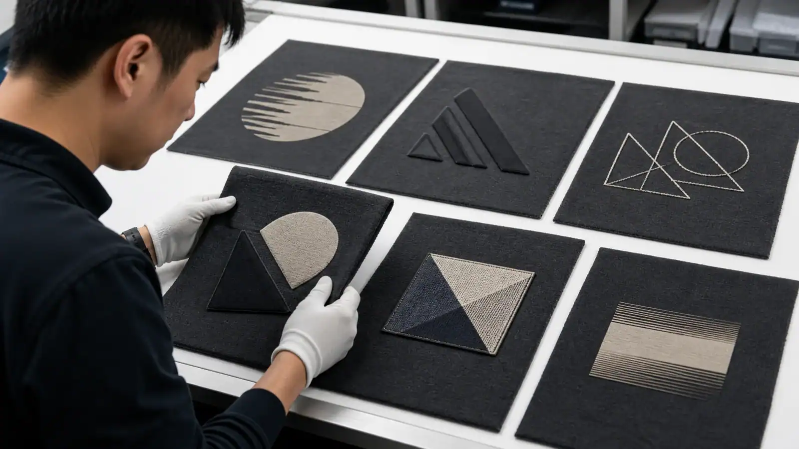 Designer examining fabric samples with geometric patterns for custom clothing.
