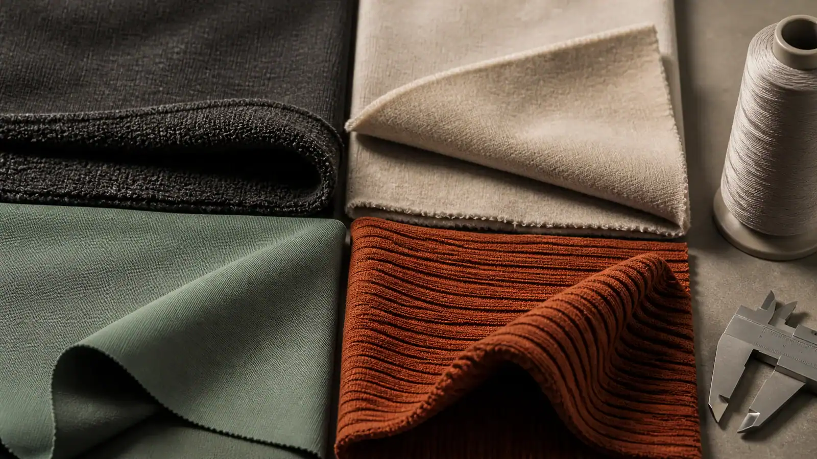 Fabric swatches and design tools for custom activewear manufacturing.