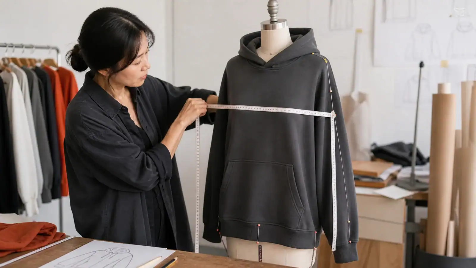 Asian technical designer measuring hoodie chest, shoulder, sleeve and body length