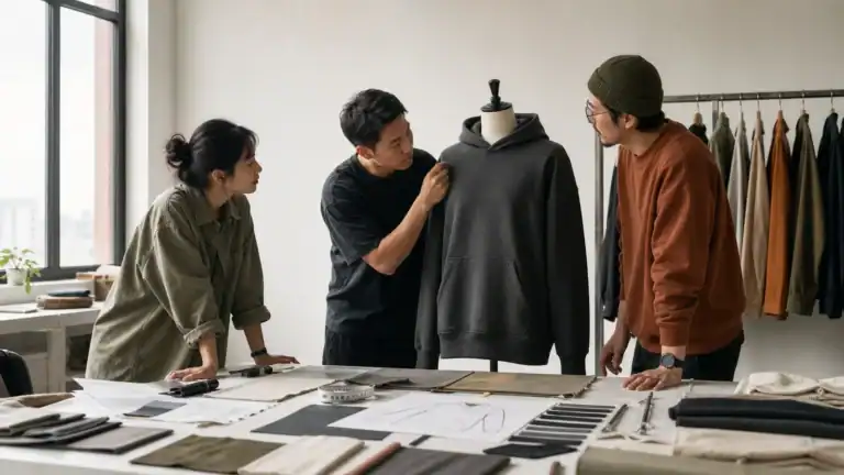 Asian apparel development team reviewing a custom hoodie sample and fabric options