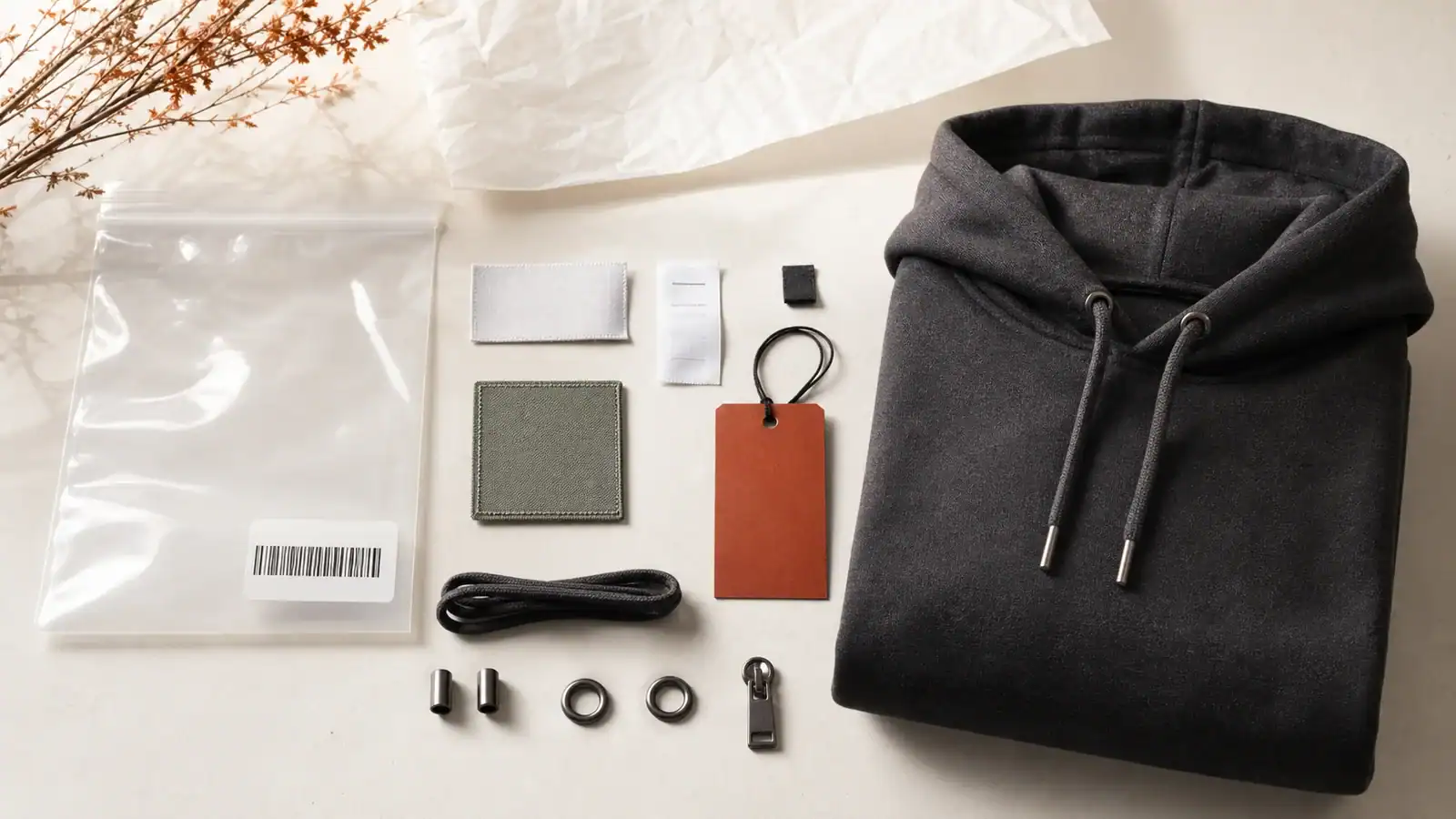 Private-label hoodie labels, drawcord, zipper, hangtag and packaging components