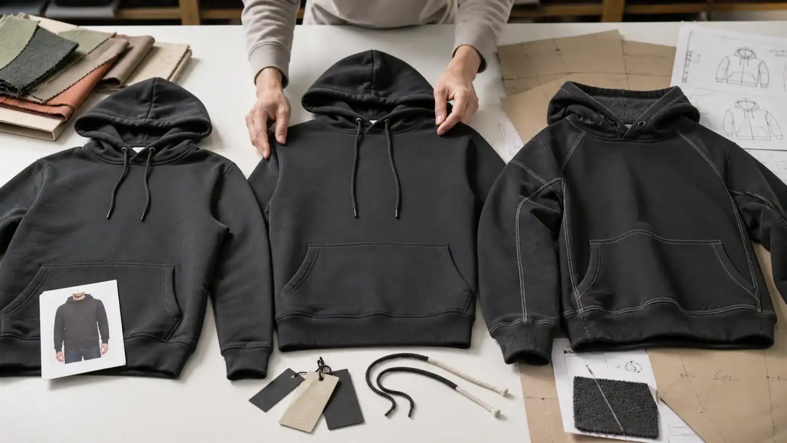 Design team creating custom hoodies for clothing brand.