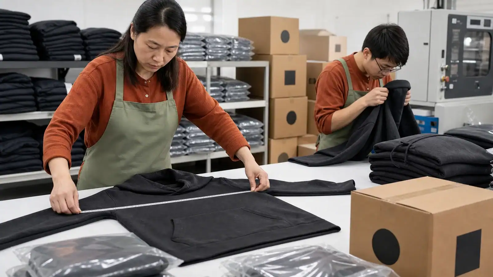 Design team working on custom activewear in manufacturing facility.