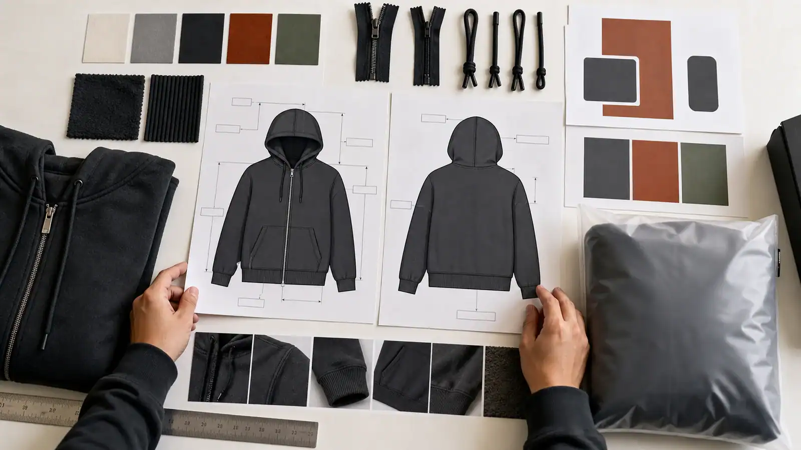 Design team creating custom activewear with fabric samples and sketches.
