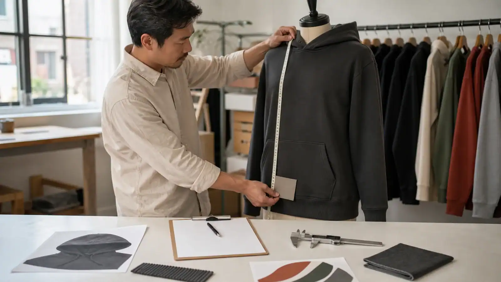 Fashion designer measuring hoodie on mannequin in studio.